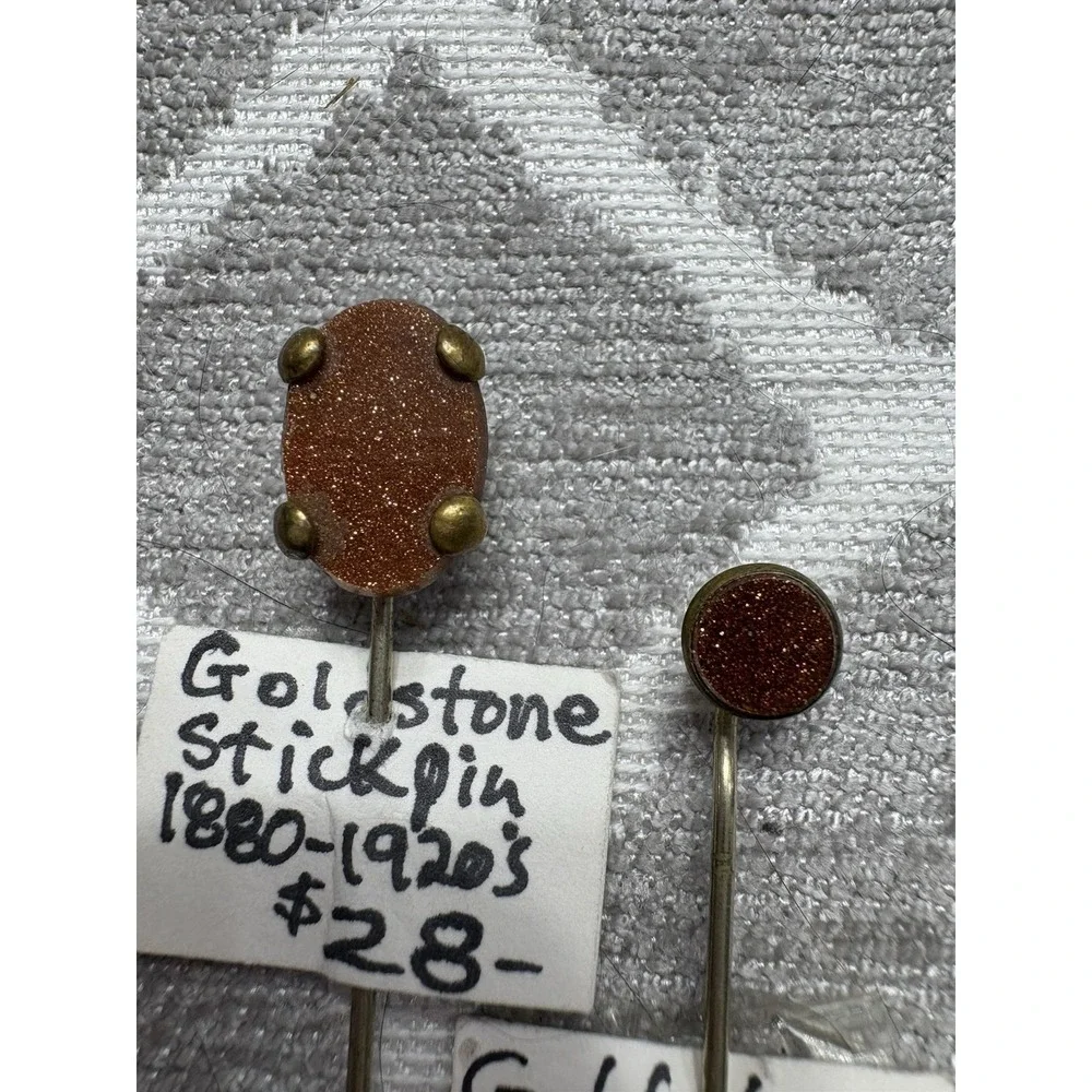 Vintage Antique POLISHED GOLDSTONE Stick‎ Pin Brass Lot Of 2